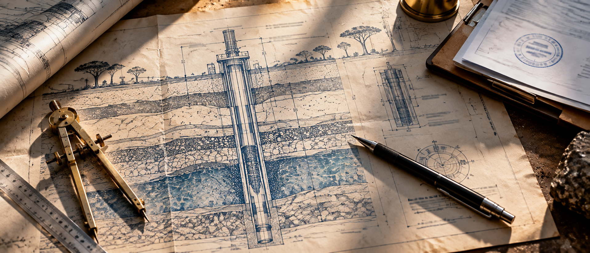 HIDROSÊNIOR — Blueprint técnico com compasso e instrumentos de projeto