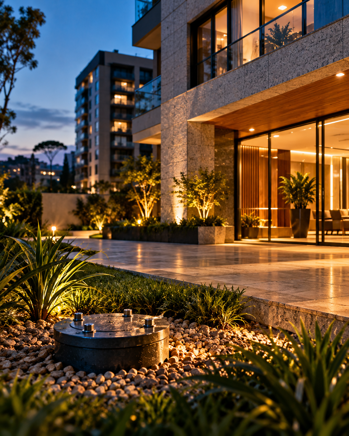 HIDROSÊNIOR — Condomínio urbano ao entardecer com well cap integrado ao jardim