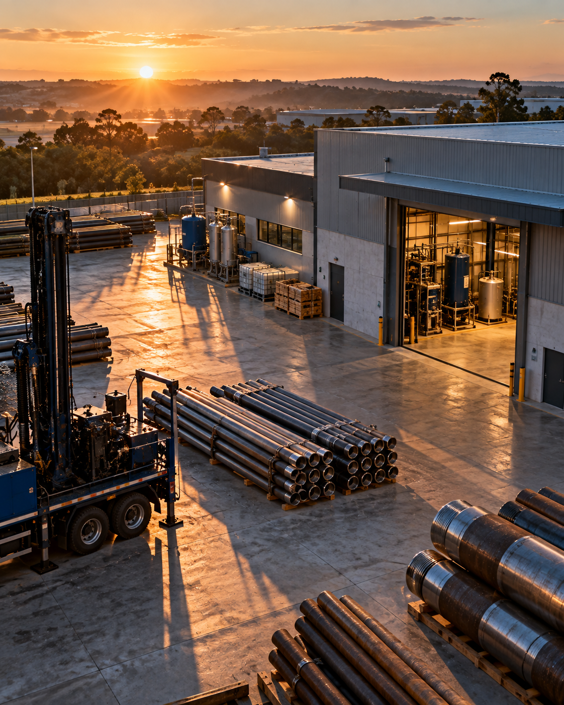 HIDROSÊNIOR — Facility industrial ao pôr do sol com casings de aço