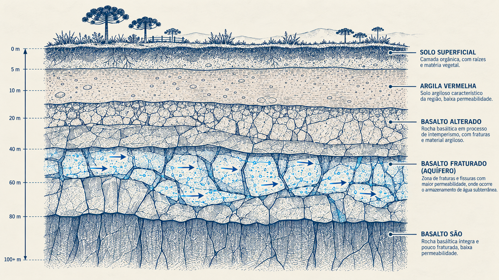 Diagrama das camadas geológicas do Paraná — solo superficial, argila vermelha, basalto alterado, basalto fraturado (aquífero), basalto são